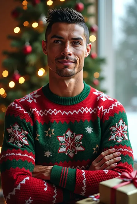 Create Cristiano Ronaldo the soccer player dressed for Christmas with a Christmas background