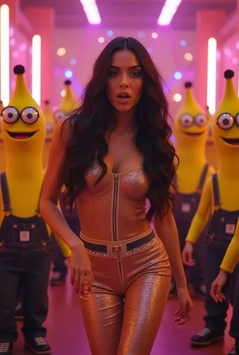 A glamorous pop star Dua Lipa with long dark hair, wearing a sparkling outfit, dancing energetically in front of a group of cheerful, yellow, banana-shaped creatures with big round glasses and overalls. The scene is vibrant and colorful, with a lively disc...