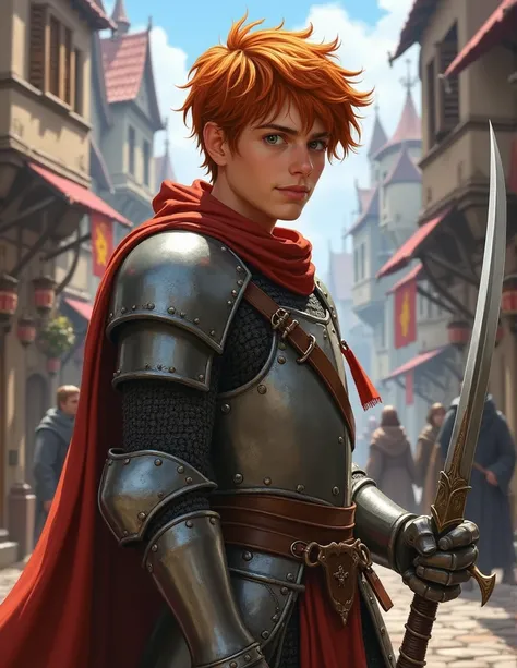 Pathfinder kingmaker style portrait of a cute but sinewy 20 year old male half-elf fighter in light armor with short length, messy, copper color hair, holding a scimitar, in the streets of a medieval city