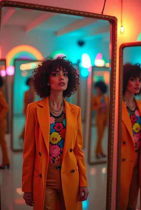 Aqui está o prompt redefinido com o detalhe de ser realista:

"A realistic scene in a room filled with mirrors positioned in various directions, reflecting the image of an eccentric woman. She is dressed in bold, colorful clothing, with an extravagant styl...