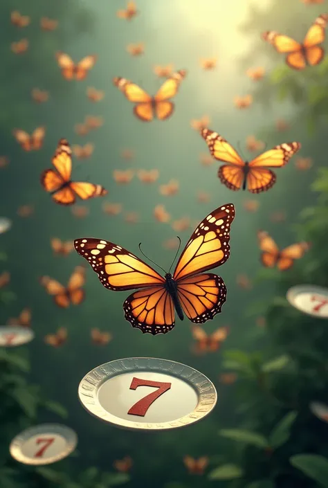 Create an image of dozens of butterflies flying in a row holding up plates with the number 7