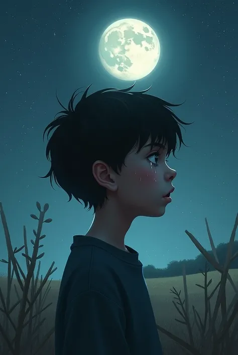 The boy crying under moon