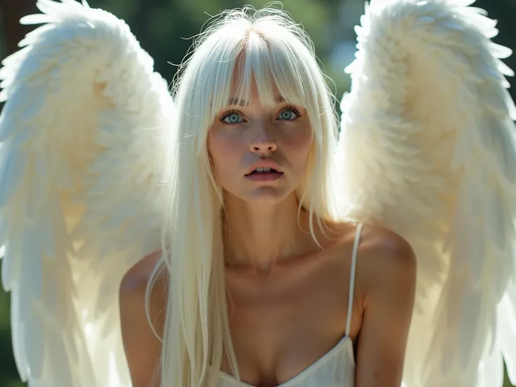 Beautiful angelic Woman with straight, long platinum blond hair, styled with side bangs. Her hair roots are also platinum blond. She has big white angel wings that are folded against her back, and are big enough to come down to her knees. Shes naked. She h...