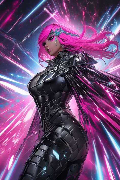  A woman with  jet black  and hot pink hair with jewels in it and she has makeup on and is wearing a outlaw black and silver outfit and has a decently large stomach and thicc and she has scalely armor  and a energy gun and in a epic background and she is p...