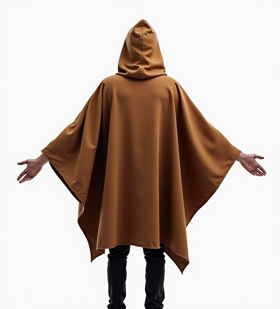  Make me an image of a person with a brown poncho ,  with white background, and the character has to be on his back , profile, and in front.  The image has to be divided into 3 as it is on the said sides and angles. The same first image  