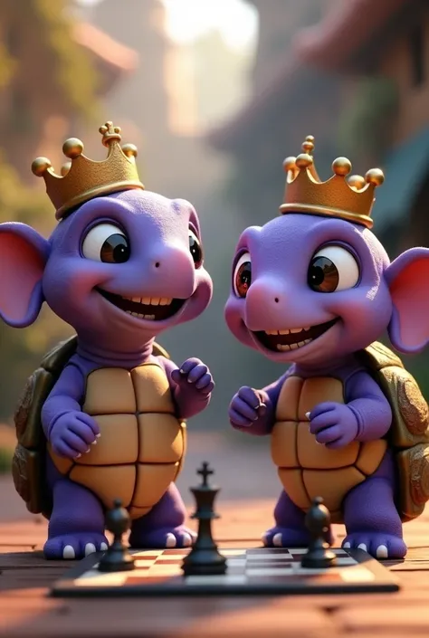 Two baby  anthropomorphic purple turtle
, standing on two legs, with expressive eyes and a broad smile,with a nose like a elefant with a crown on his head,playing chess, typical of animated films --v 6.0 --style raw