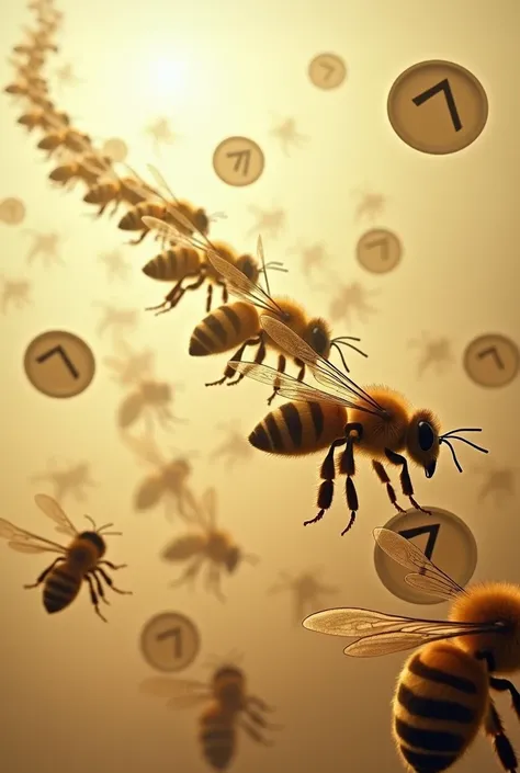 Create an image of dozens of bees flying in a row holding up plates with the number 7