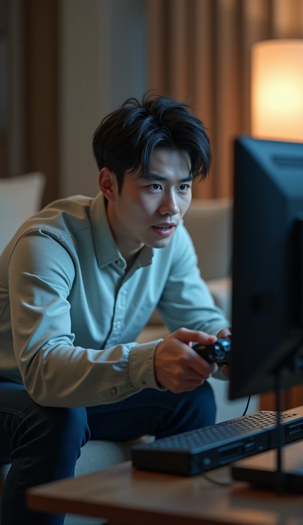 (photorealism:1.2), very Handsome japanese man, 22-27 year-old, he is now sitting on the sofa, playing TV video game, his look so excited 