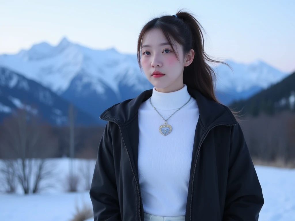 Create 4K Image A young Asian woman stands in front of a backdrop of snow and mountains. She wears a white turtleneck, a black jacket, and white pants. Her hair is tied in a layered ponytail and she wears a silver and gold necklace with a pendant. Her eyes...