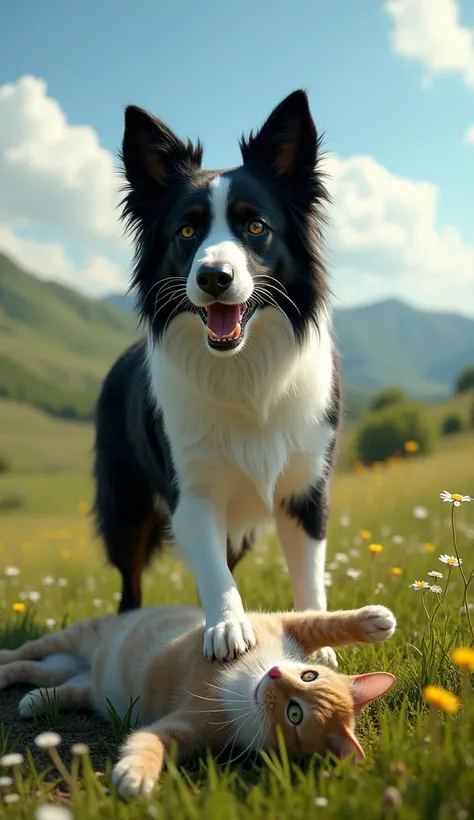 "A hyper-realistic and cinematic depiction of a Border Collie (Dog) standing triumphantly over a defeated Domestic Cat (Cat). The Domestic Cat lies lifeless on the ground, depicted with precise real-world features, including its sleek body, soft fur, and e...