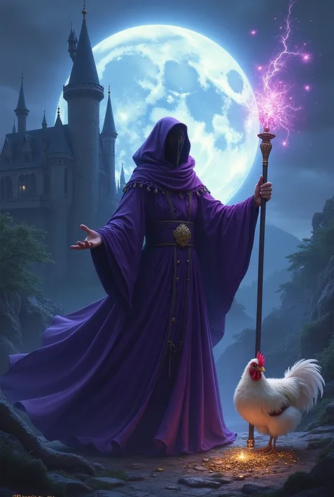 Make a magician with a purple robe with a staff and a second chicken with a zipper behind the castle and a big moon and trove