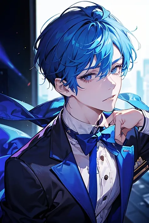 1 man,  good-looking, Handsome, Cool , ((Idol)), 25 years old,  blue hair,  short haired ,  sharp eyes , (Idol 옷), (On stage), Close up shot ,  broad shoulder , 