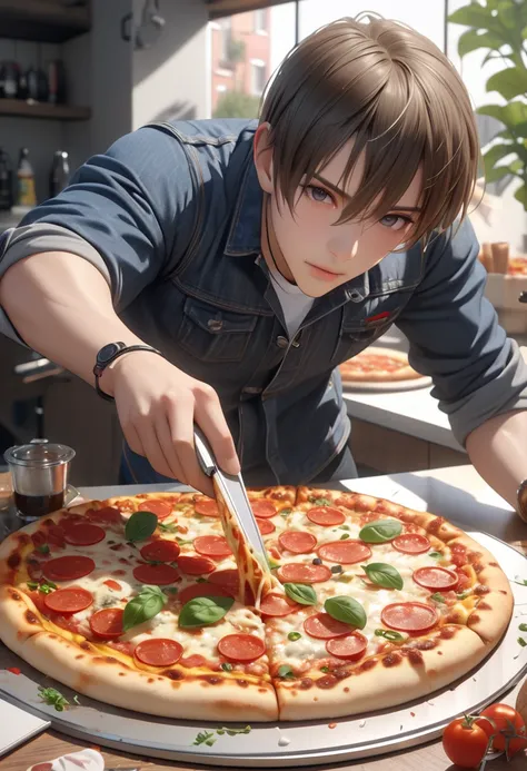 pizza, 1 boy, best quality, 4k, 8k, highres, (masterpiece:1.2), ultra-detailed, (photo realistic:1.4),