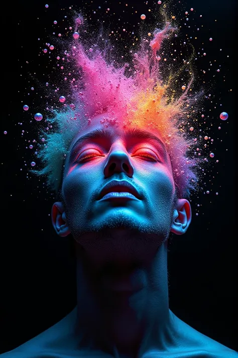 " A human face disintegrating into neon colored particles, creating abstract shapes on an infinite black background , (Canon EOS-1D X Mark II)