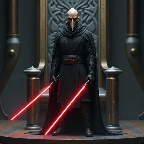  A brown-skinned male humanoid. (( realistic ))  Elongated cone-shaped head . Long triangular jaw . amber eyes. Short silver-colored hair .  Wears black Jedi robes .  Wears black boots .  He carries a single-bladed red lightsaber.  He is on a metal platfor...