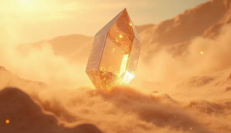 在一个尘土飞扬的沙漠场景中， floats a dazzling crystal jewel in a dusty desert scene，surrealism, futurism, 8k, UHD, masterpiece, accurate, super detail, high details, high quality,  highres icon, best quality