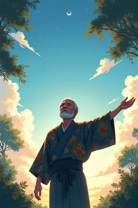 Draw a picture of a man wearing a yukata and looking at the sky with one arm outstretched, Backlight