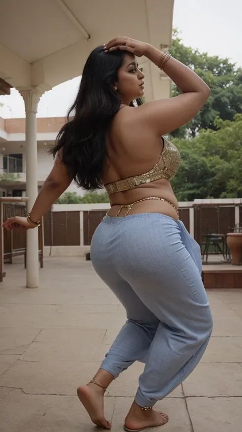 A Indian woman, chubby and curvy, dancing, belly dancing, sensual moves, shaking her hips, doing thumka with hips, hips moving like shakira, public performance background, wearing a fully clothed saree, flaunting her curves of her hip, view from back