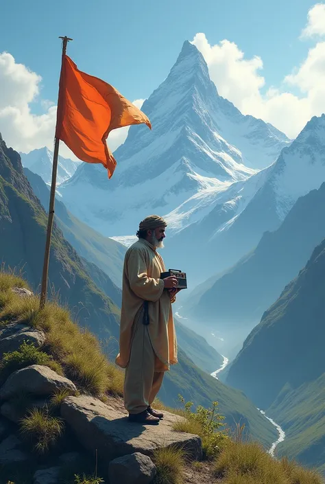 A man standing with a radio and listening to ghazal muktak with a flag on the lap of the mountain.