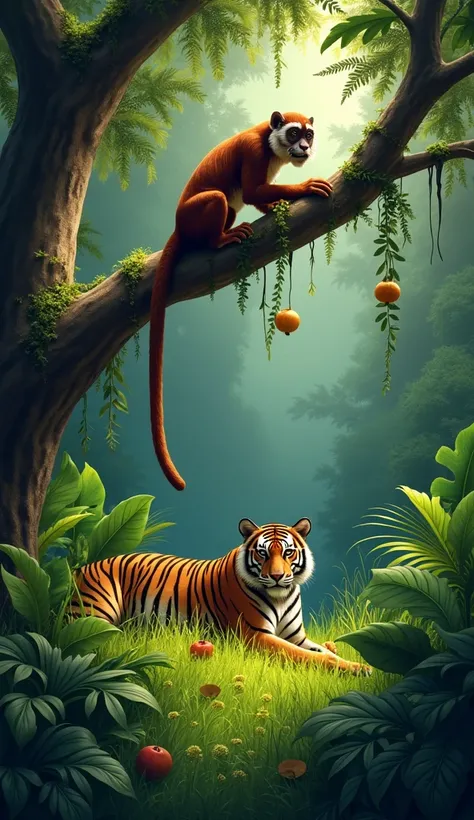 Here’s a more realistic version of the prompt in English:

“A realistic scene in a dense jungle with a monkey perched on a thick tree branch, surrounded by lush greenery and vibrant foliage. The monkey, with detailed fur and expressive eyes, is reaching fo...