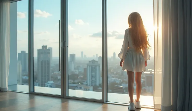  High quality. A real girl with 18 years old with beyond floor length blonde hair and see her "whole" body standing on the right of floor to ceiling window, must see her whole body. The scenario of window shows summer city in modern city. This graph MUST s...