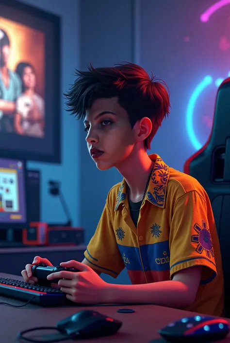 I want the boy to be a gamer and have a Venezuelan shirt and be in a Setup and have a control in his hand 