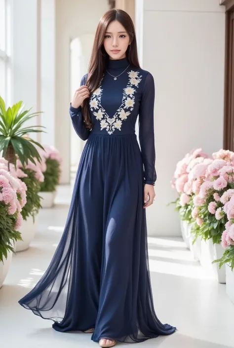 A high-fashion editorial photograph of an elegant woman wearing an navy blue baju kurung kebarung with intricate lace and floral embroidery, complemented by a matching long layered flowy hijab. She stands gracefully in a luxurious indoor setting with soft,...