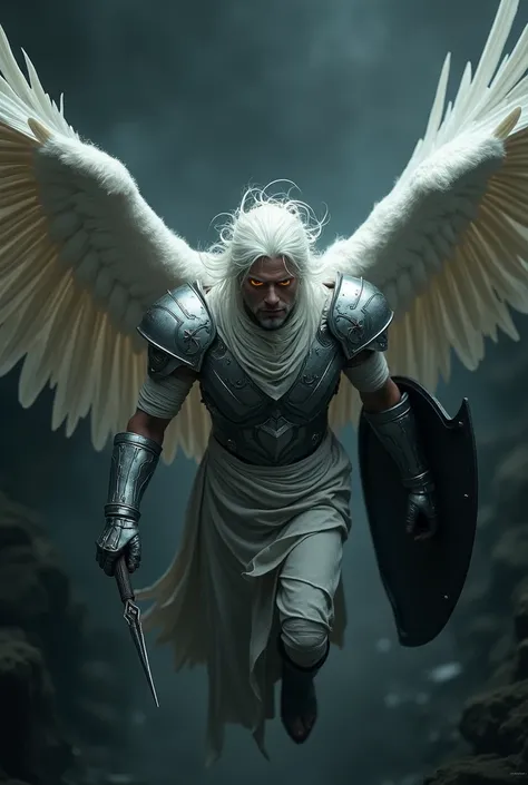 A man surrounded by darkness. His hair is white and his left eyes is golden, the right one is pitch black like a void.  He is wearing silver armor wrapped im white bandages, using his wings to hover in the abyss. In one hand he holds a black shield and in ...