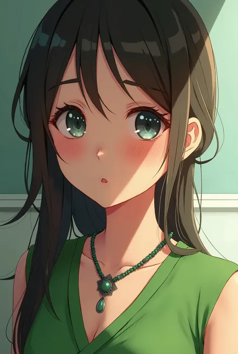 Close up of a woman wearing a green dress and necklace, A work of art in the Quwaiz style, Realistic anime in 3D style, Beautiful anime picture, realistic anime style, Detailed image of an anime girl, Beautiful portrait, By Yang J, stunning anime face port...