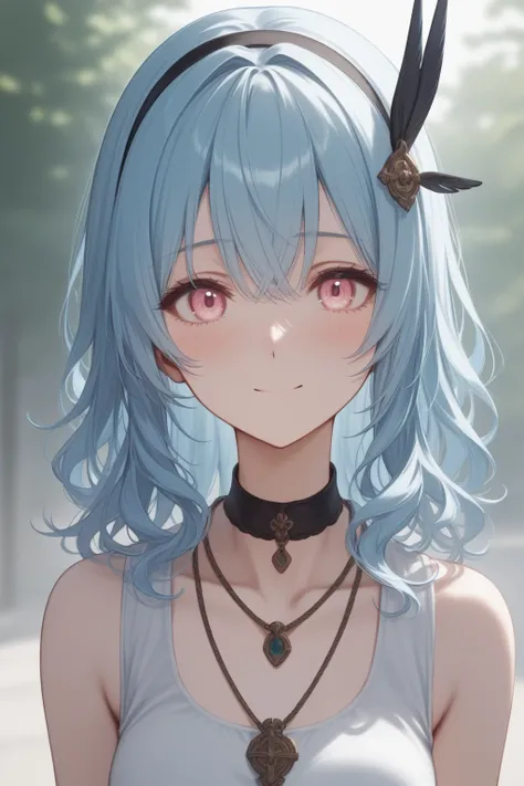 romancing saga 2, medium hair,pink eyes, light blue hair, hair ornament, black hairband, bangs ,black choker,necklace
BREAK
largish eyes ,oval face,medium breasts,Moist eyes、Gentle eyes、Gentle look , blush,smile,
BREAK
High Quality eyes,high definition , m...