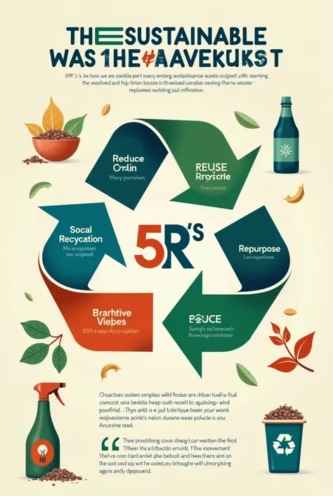 5rs in waste management poster. Reduce reuse recycle repurpose and refuse. Creative with symbols of the 5rs. Poster making 