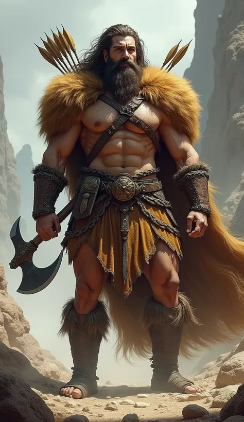 A massive, muscular body with long brown hair, wearing a lions skin from the Nemean lion. He carries a huge axe, a bow, and arrows, with signs of battles on his body.