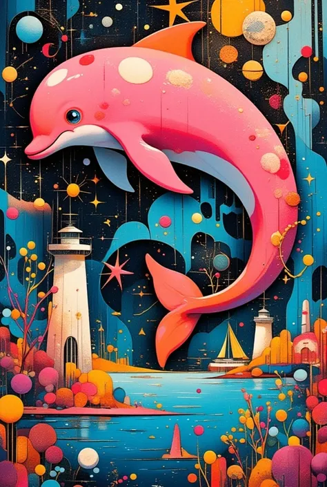   Colorful abstract painting 、  abstract surrealist masterpiece 、  Futurist Paintings  、Wyndham  ･  pinkdolphin Inspired by pink dolphin、  Unknown Artist  、  very detailed, paints、star々、sea、Little Boat Figures 、deformed pink dolphin