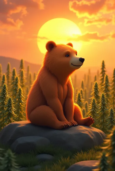 Orange colored bear sitting on a rock next to a huge hemp field behind a resplendent sunset 