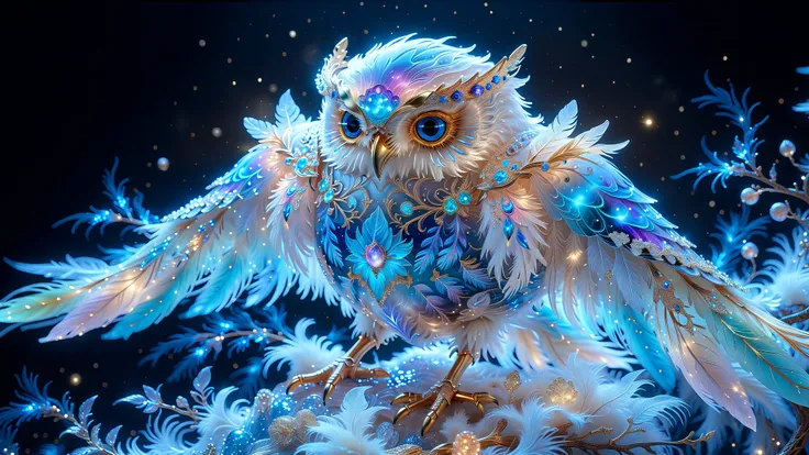 Generate An Owl, Ethereal Bird In The Style Of Fantasy And Celestial Art. Create A Stunning Owl With Silk-Like Feathers, Subtle Iridescent Glows, And Ornate Jewel-Like Details. Include Delicate Celestial Patterns And Dreamlike Visual Textures.
Composition:...