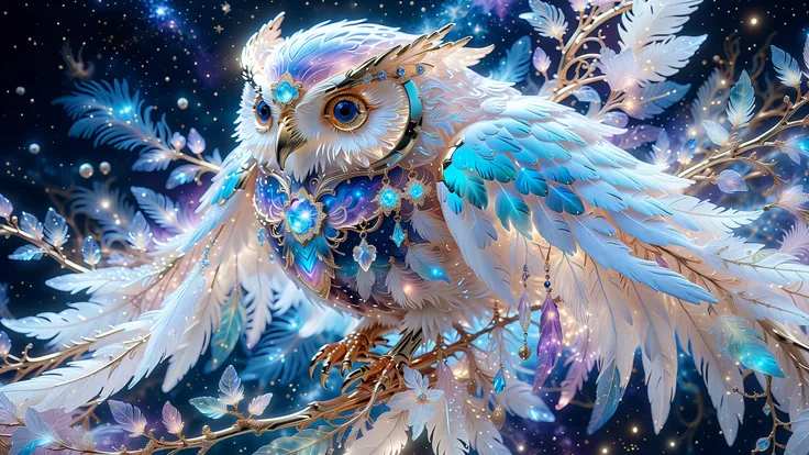 Generate An Owl, Ethereal Bird In The Style Of Fantasy And Celestial Art. Create A Stunning Owl With Silk-Like Feathers, Subtle Iridescent Glows, And Ornate Jewel-Like Details. Include Delicate Celestial Patterns And Dreamlike Visual Textures.
Composition:...