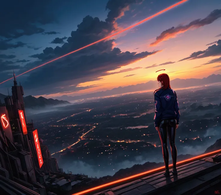 cyberpunk anime modern school in america scenery with neon red and yellow colors with angel-demons floating around
