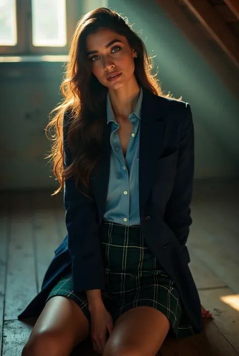 professional full body photographic shot of a beautiful Indian woman in a dark blue school blazer, light blue shirt, and a dark green and blue chequered skirt with see through black stockings, she has slightly wavy long hair, her green eyes shining with re...