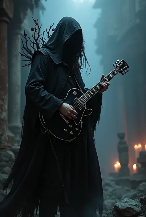 Make a black rock guitar playing bard, but his song raises the dead, and he has a voice in his back