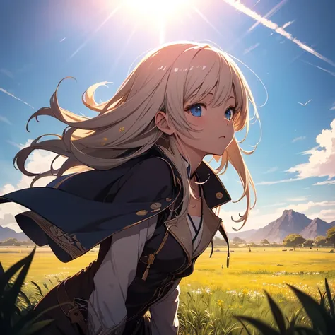 masterpiece, best quality, high quality, detailed, ultra detailed, hyper detailed, insanely detailed, exquisite, beautiful, 16K, absurdres, background photo, grassland, blue sky and shining lights, beautiful, anime, cel anime, sunbeam, midday, depth of fie...