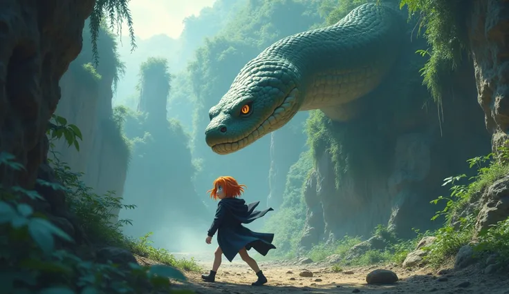 anime girl, thin, vibrant orange hair, blue eyes, put on a hood black, run away pose, Shocked face, attacked by Giant snake, mysterious atmosphere, medieval outfit, the ruins of the jungle, be injured, low angle, volcano fog,