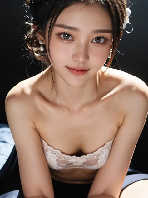 ( 21-year-old beautiful Japanese girl), ( small chest:1.5),(solo, 1 girl, textured skin,  detailed skin, high detail,  top quality ,  super detailed ,  surrealism , RAW photos ,Photographicism, Professional Lighting),(( black hair,  dark eyes, Natural Make...