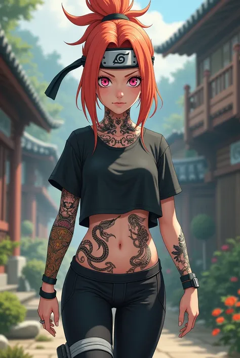 naruto world,girl, ginger hair , pink eye, Snakes Tattos ,Fox Tattoo in belly, t-shirt top, leggings, t-shirt,Hitai-ate