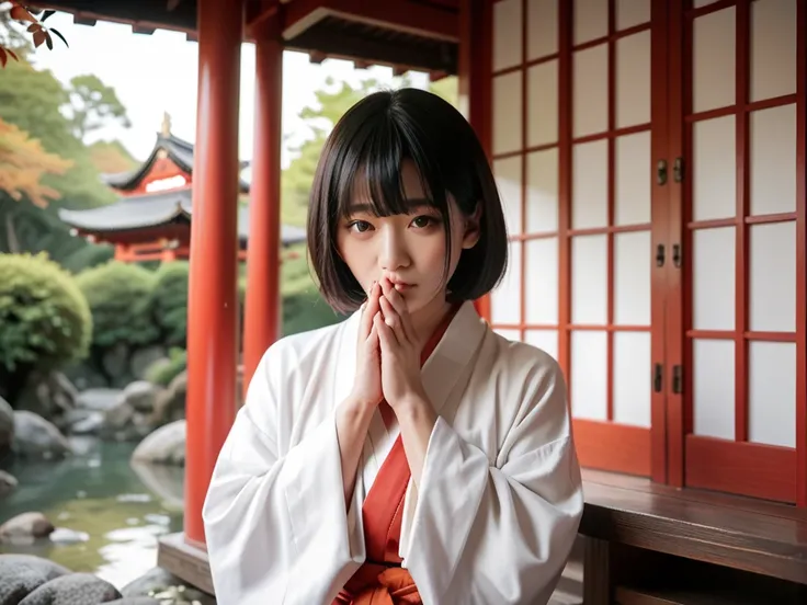 An 18-year-old Japanese woman (short black hair, bangs down to her eyebrows) in a haori and hakama is praying at the shrines worship hall with her hands together. 8K Photo, 35mm film.