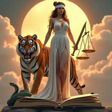  The Goddess Themis of Justice, Give a curvy body , robust and whole , and wearing a white dress ,  and showing very thick legs, and sturdy ,  with the other hand and holding a long sword , and holding with the other hand a scale with the initial M,  and c...