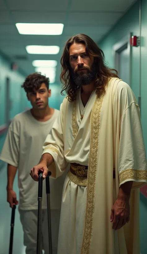 Create an ultra-realistic image of Jesus Christ, with a compassionate expression, standing gently beside a , no older than , on crutches, in a sterile, dimly lit hospital intensive care unit hallway. Jesus stands next to the , holding his arm. The ’s eyes ...