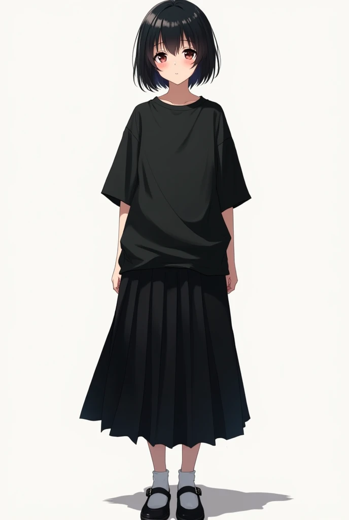 A beautiful 15-year-old anime girl, will have short black hair ,  a large black t-shirt ,  a black skirt and black Mary Jane shoes