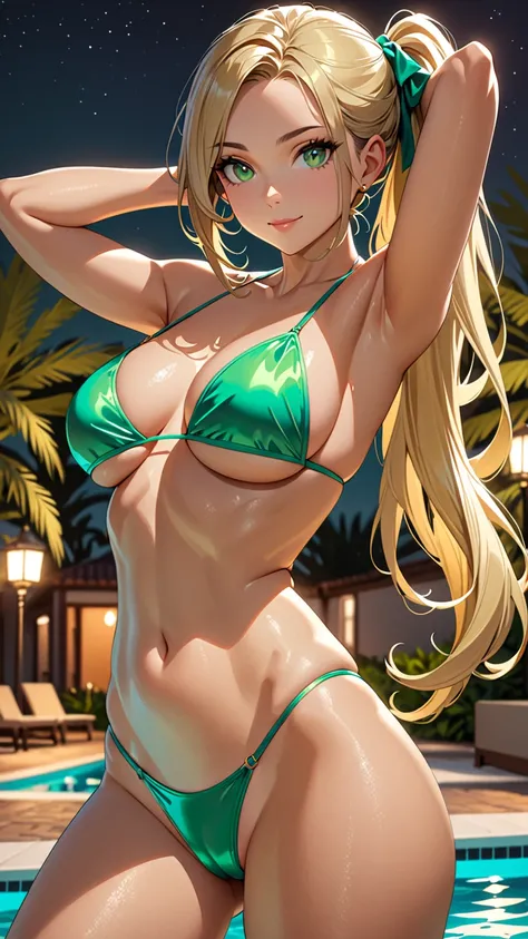 masterpiece, semi-realistic, (Enhance colors to maximum saturation), cowboy shot, 1lady, JK, thin microbikini swimsuit, olive skin, detailed green eyes, high detailed semi-long hair, silky blonde hair,  forehead,  sliced back hair, side ponytail,  slightly...