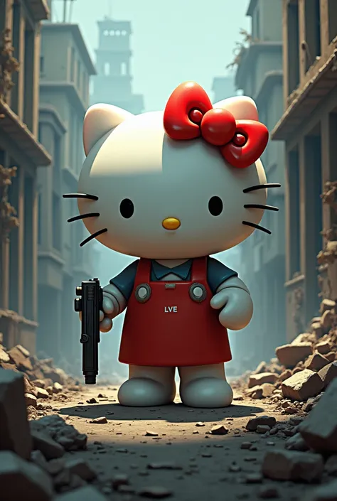 2D,  hello kitty with a gun in her hand, Weapon written LVE ,  war scenario 