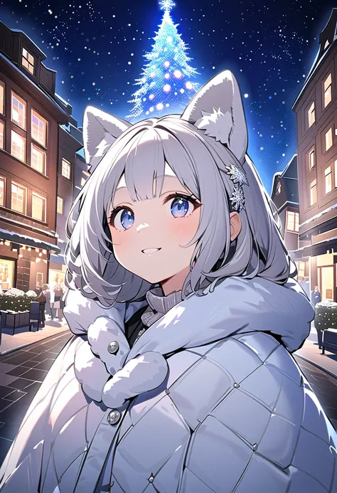 Winter Town ，   Beautiful night view   ，smile，girl with dog ears，Grey Hair，  looking up at the starry night sky，White Ear， Snowflakes ， christmas tree，Dressed up town 